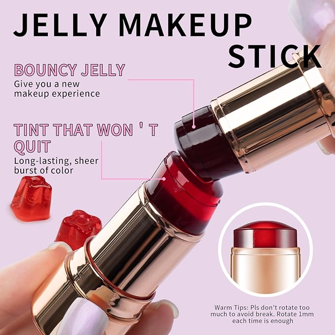 2pcs Jelly Blush Stick, Multi-purpose Lip and Cheek Colour Stick, Jelly Texture Waterproof, Moisturising and Long-lasting, Non-sticky, Create Watercolour Makeup Effect for Women and Girls 1#
