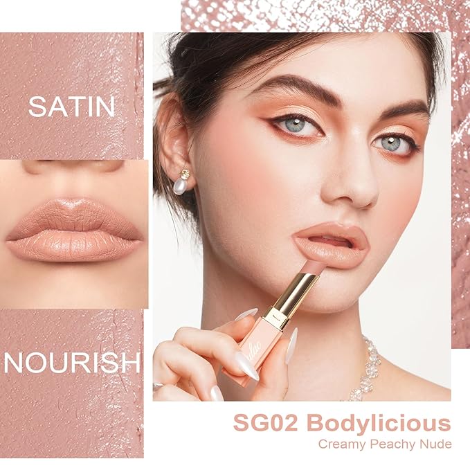 Oulac Beige Nude Satin Lipstick Set - Matte Lip Base, Full Coverage Lip Color, Satin Matte Finish, Cream Texture, Hydrating, Infused with Hyaluronic Acid, 4g*2 SG01+SG02
