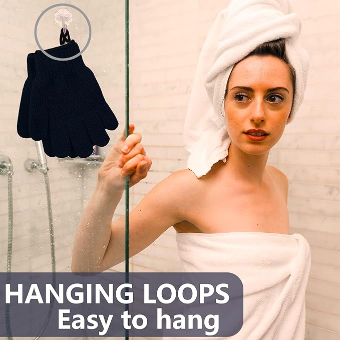 Exfoliating Glove with Hanging Loop - Bath Gloves 1 Pair Shower Gloves, Heavy Exfoliating Gloves for Men and Women Shower Gloves Body Wash Makes Skin Soft Healthy Body Exfoliating Gloves 1 Pair Black