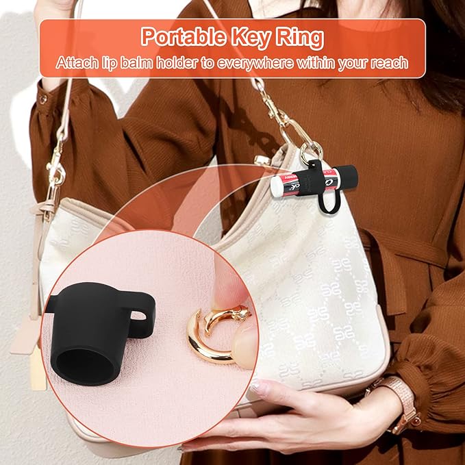 Desing Wish Silicone Lip Balm Holder with Cap Cover Portable Chapstick Holder Keychain Sleeve Lip Balm Key Chain with Key Ring and Wrist Strap Lanyard - Black