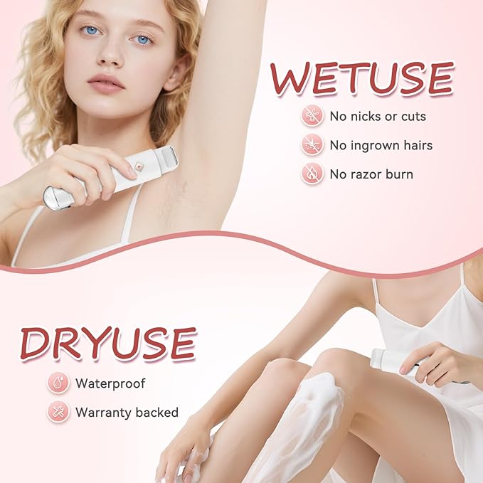 Bikini Trimmer for Women - 2 in 1 Electric Body Hair Trimmer for Silky Skin, Cordless Body Shaver for Travel, IPX7 Waterproof & Easy to Clean, Replaceable Ceramic Blade Heads (White)