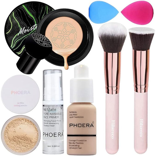 PHOERA Foundation Full Coverage Makeup, Mushroom Head Air Cushion CC Cream Natural Foundation, PHOERA Primer, PHOERA Powder, Brushes Foundation Brush,2 Makeup Sponge (101 Porcelain + 02Natural CC)