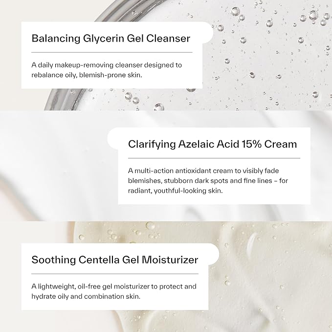 Dermatica Blemish Control Kit, Balancing Glycerin Gel Cleanser (200ml), Clarifying Azelaic Acid 15% Cream (30ml), Soothing Centella Gel Moisturiser (50ml)