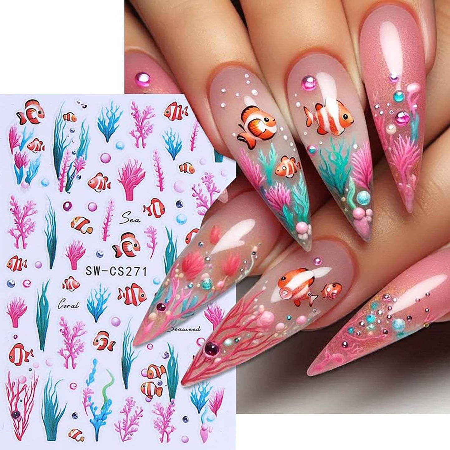 6 Sheets Ocean Plant Nail Art Stickers 3D Self -Adhesive Colorful Seaweed Shell Nail Decals Holographic Cute Fish Starfish Bubbles Nail Stickers Summer Nail Decoration for Women Manicure Supplies