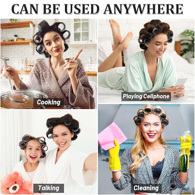 Big Self-Grip Hair Curlers Rollers with Stainless Steel Duckbill Clips for Long, Medium, Thick Hair and Bangs Volume (Black)