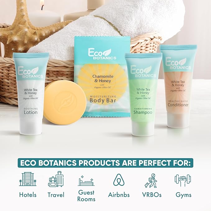 Eco Botanics Hotel Soaps and Toiletries Bulk Set | 1-Shoppe All-In-Kit Amenities for Hotels & Airbnb | 0.85 oz Hotel Shampoo, Conditioner & Lotion, 0.89 oz Bar Soap Travel Size | 200 Pieces
