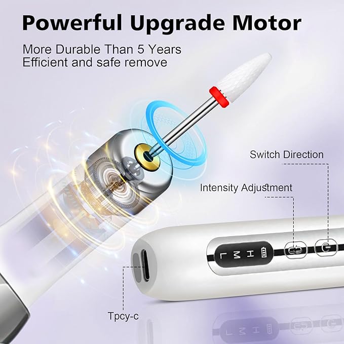 Electric Nail Drill File Cordless,Portable Rechargeable Nail File Kit for Acrylic & Gel Nails,Professional Efile for Manicure Pedicure Polishing,with 12 Nail Drill Bits 31 Sanding Bands,White