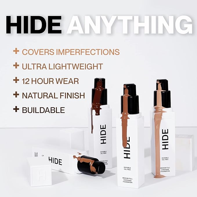 HIDE PREMIUM Liquid Foundation, Multi-Use Waterproof Foundation, Medium/Full Coverage Foundation, Shades for All Skin Types (See Shade Finder), Warm Sand, 1 fl oz