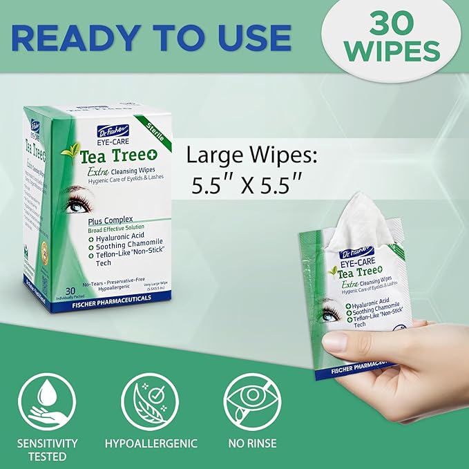 Dr. Fischer Tea Tree Oil Eye Wipes - Eyelid Wipes for Sensitive Eyes with Hyaluronic Acid and Chamomile, Makeup Remover, Daily Cleanser (30 wipes)
