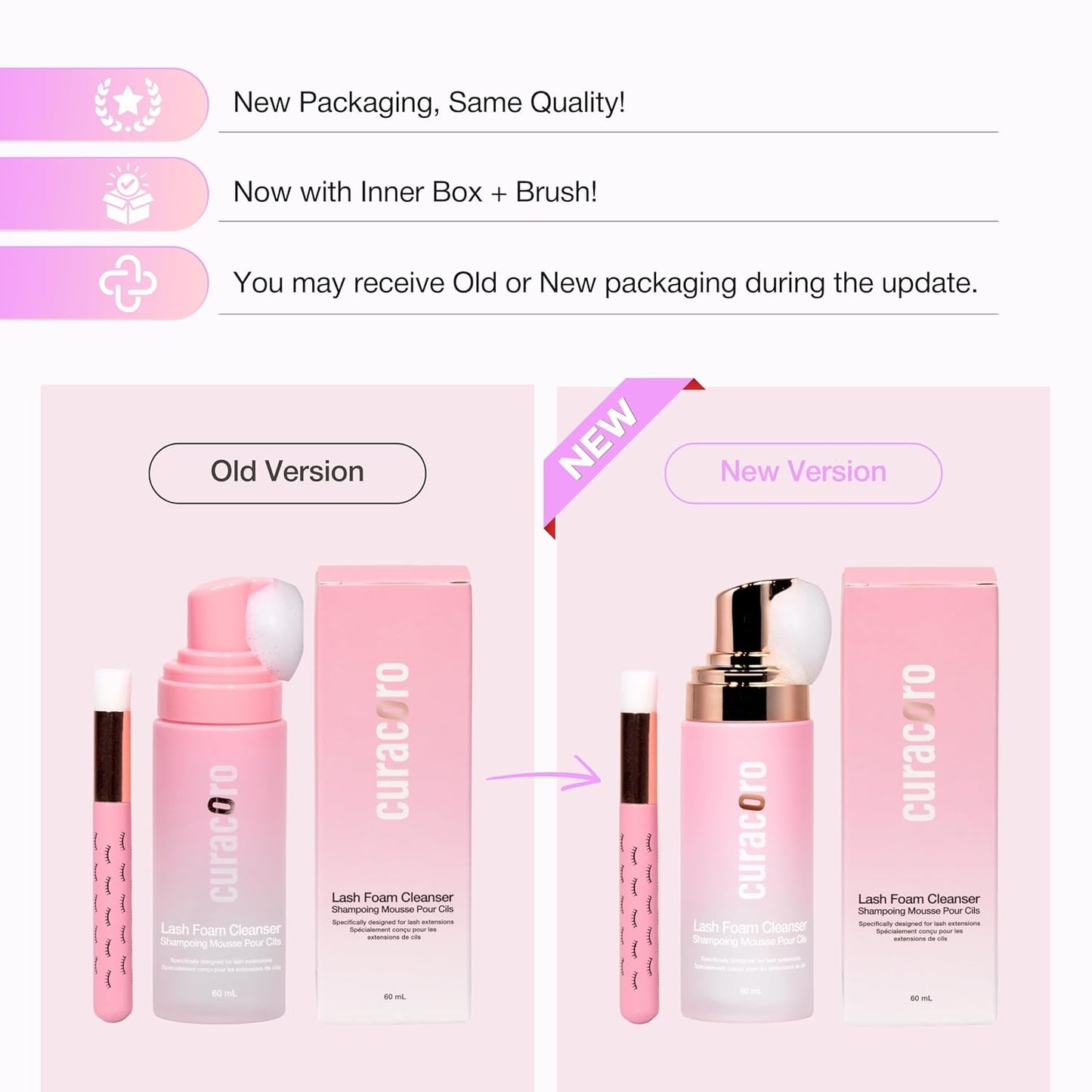 CURACORO 60ML Eyelash Extension Cleanser (Rose Scented) - Lash Shampoo for Lash Extensions, Eyelash Extension Foam Cleanser for Sensitive Skin, Removes Waterproof Makeup for Professional & Home Use