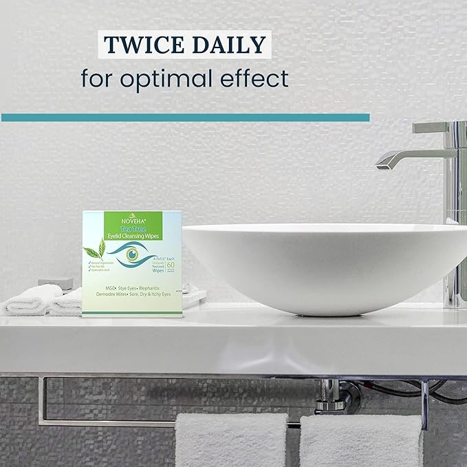 NOVEHA 120Pcs Tea Tree Oil Eyelid & Lash Wipes With Hyaluronic Acid, Green Tea & Chamomile For Blepharitis & Itchy Eyes, Individually Wrapped Eyelash Wipes, Natural Makeup Remover & Cleanser (2 Pack)