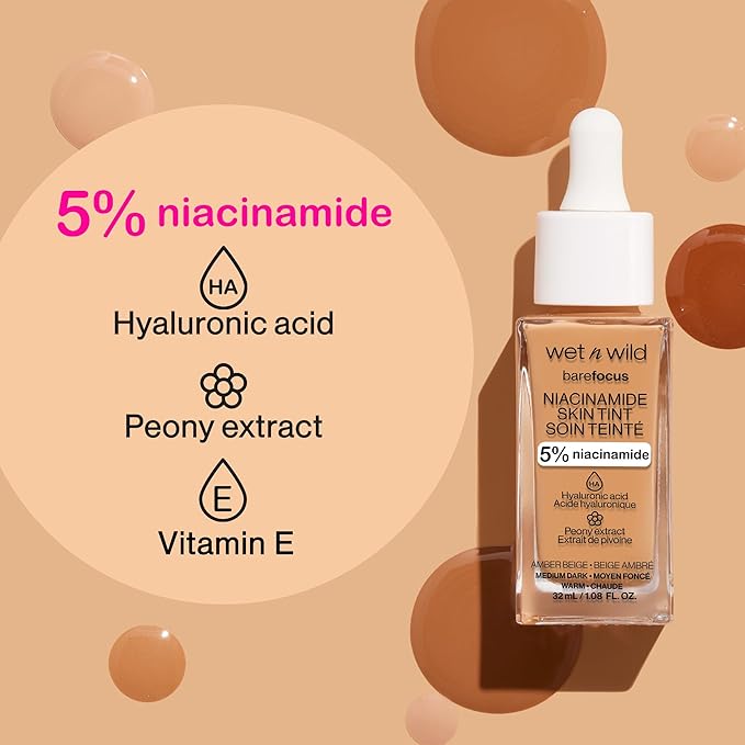 wet n wild Bare Focus Skin Tint, 5% Niacinamide Enriched, Buildable Sheer Lightweight Coverage, Natural Radiant Finish, Hyaluronic & Vitamin Hydration Boost, Cruelty-Free & Vegan - Praline