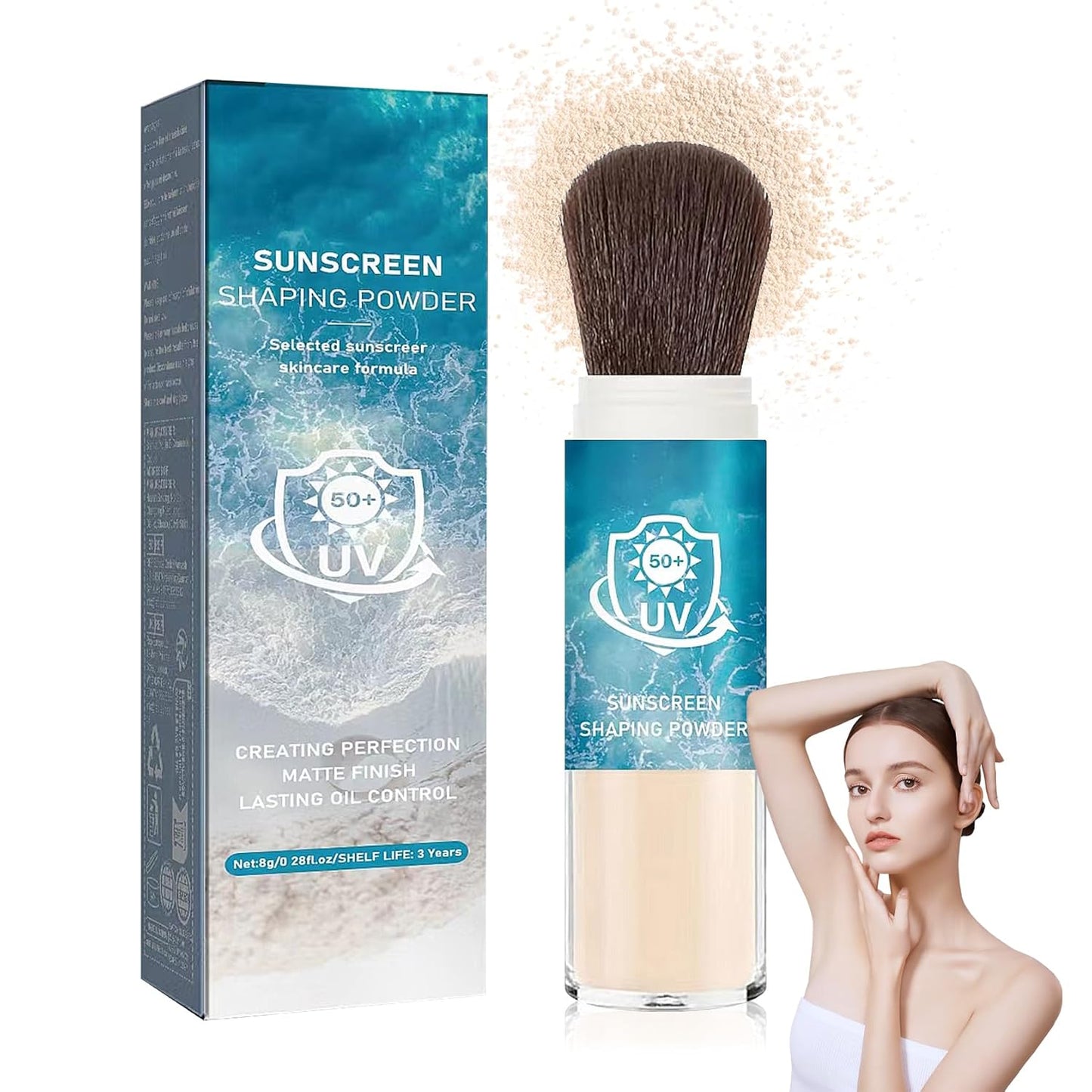 Mineral Face Sunscreen Setting Powder,Lasting Oil Control Lightweight Powder Sunscreen with SPF50+,Loose Waterproof Brush on Sun Screen Makeup for All Skin Types