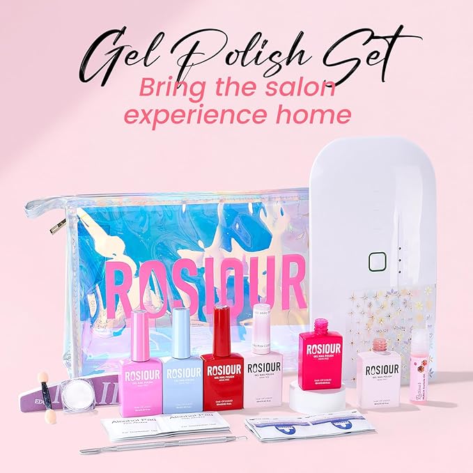 Gel Nail Polish Kit with U V Light, Hema-Free White Light Nude Pink Summer Gel Polish Set with Base & Top Coat Chrome Nail Powder, 4 Colors Mini Salon Nail Art Starter Gift for Women Girl