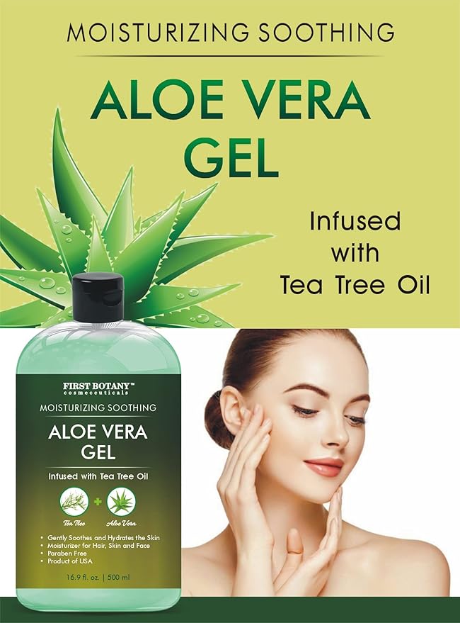 First Botany, Aloe Vera Gel from 100 Percent Pure Aloe Infused with Tea Tree Oil - Natural Raw Moisturizer for Hand Sanitizing Gel, Skin Care, Hair Care, Sunburn, Acne & Eczema -16.9 fl oz | 500 ml