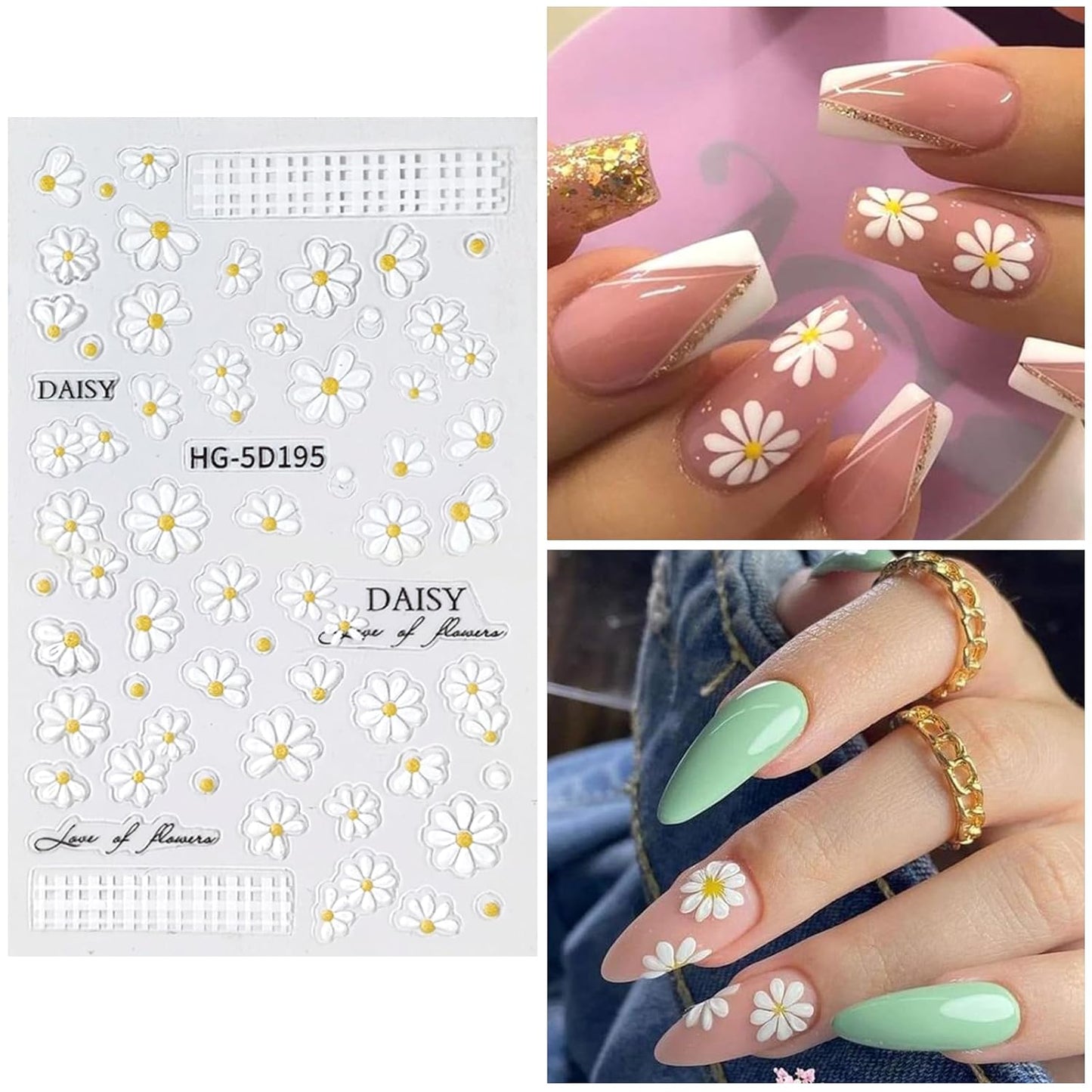 Flower Nail Art Stickers 7 Sheets 5D Nail Decals Spring Summer Nails Art Design 3D Self-Adhesive Supplies White Yellowe Daisy Flower Nails Decoration for Women DIY Design