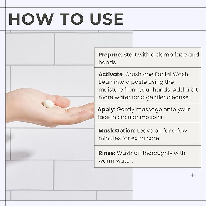 3-in-1 Solid Facial Cleanser, Exfoliator, and Wash-off Mask - Vegan, Cruelty-Free, Plastic-Free, Travel-Friendly, 1 Month Supply (60 Crushable Tablets) in Tin (Calming Beans in Tin)