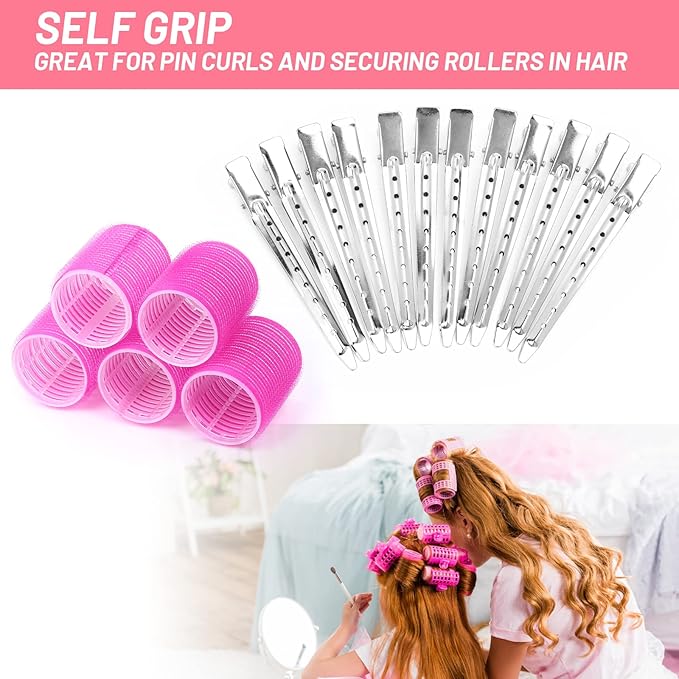 Big Self-Grip Hair Rollers with Stainless Steel Duckbill Clips for Long, Medium Hair and Volume