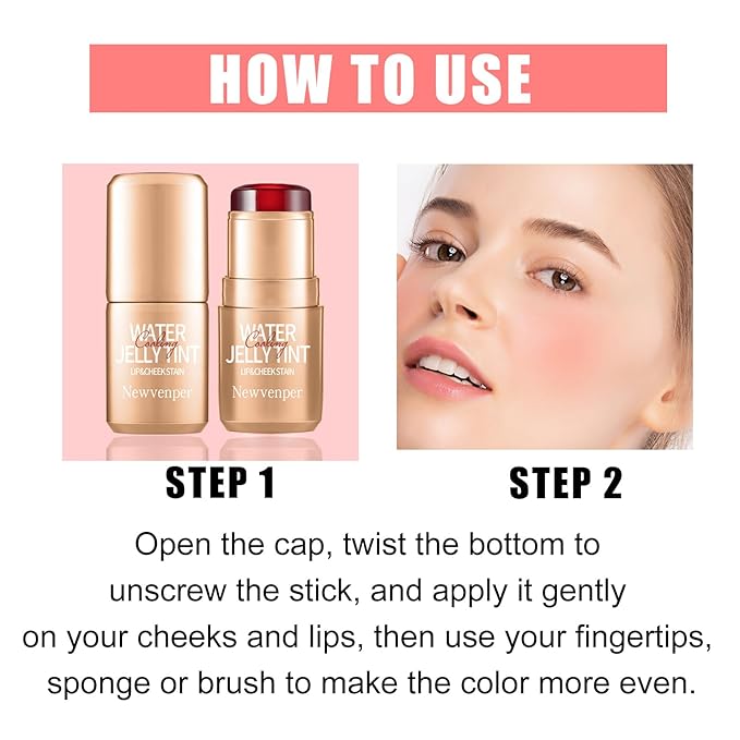 2PCS Jelly Blush Stick, Multi-Purpose Lip & Cheek Stick, Waterproof jelly tint, Moisturizing Cooling Water Jelly Tint Long Lasting cheek stain & lip tint for Women and Girls 02#