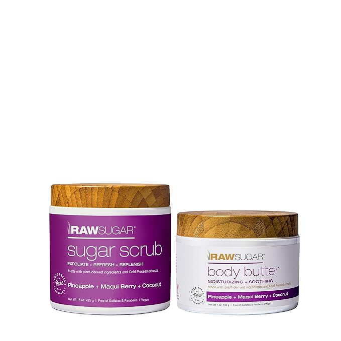 Raw Sugar Pineapple + Coconut + Maqui Berry Body Ritual Bundle - Exfoliating Body Scrub and Body Butter, Formulated without Sulfates + Parabens, Body Care Products for Women & Men