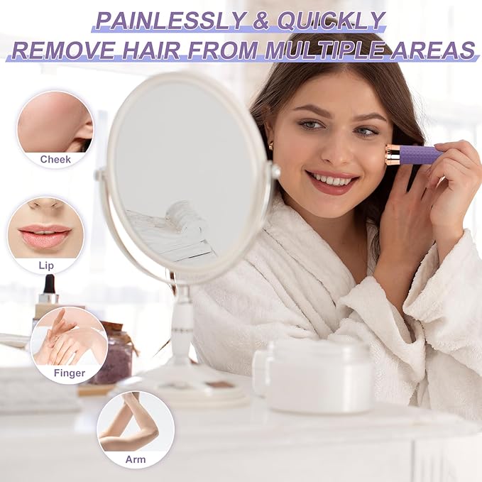Facial Hair Removal for Women, Painless Rechargeable Hair Removal Device, Comes with 2 Replacement Heads, Portable Electric Shaver/Razor for Face, Chin, Upper Lip, arms and Peach Fuzz (Purple)