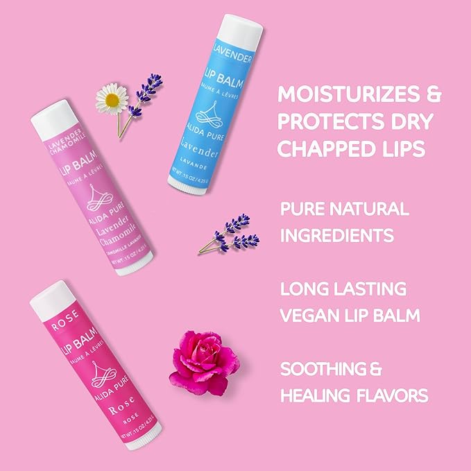 Floral Lip Balm Collection, Vegan Lip Balm Set, Beeswax Free, with Avocado Oil, Organic Jojoba Oil, and Vitamin E, Natural Moisturizer for Dry, Chapped or Cracked Lips, 3 Tube Set