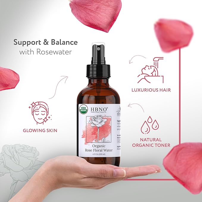 HBNO California Bottled Organic Rose Water for Face 4 fl oz (120ml) - USDA Certified Organic Rose Water Spray for Cleansing- Pure Rosewater for Hair - Rosewater Face Mist