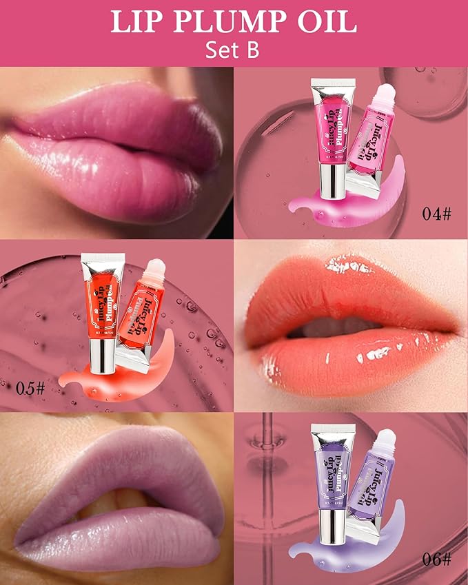 Plumping Lip Oil Kit-3Pcs Hydrating Glossier Tinted Lip Gloss,Long Lasting Lip Plumper and Pout Booster LIpgloss, Moisturizing Non-Sticky Natural Fuller Lip Tint Stain, Makeup Gift for Women-Set B