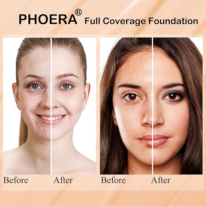 PHOERA Foundation Full Coverage,and Medium Coverage 2024 New PHOERA Foundation Makeup for Mature Skin, Lightweight Wrinkles Matte Natural Finish for a Flawless Complexion(101+N01/Porcelain+Porcelain)