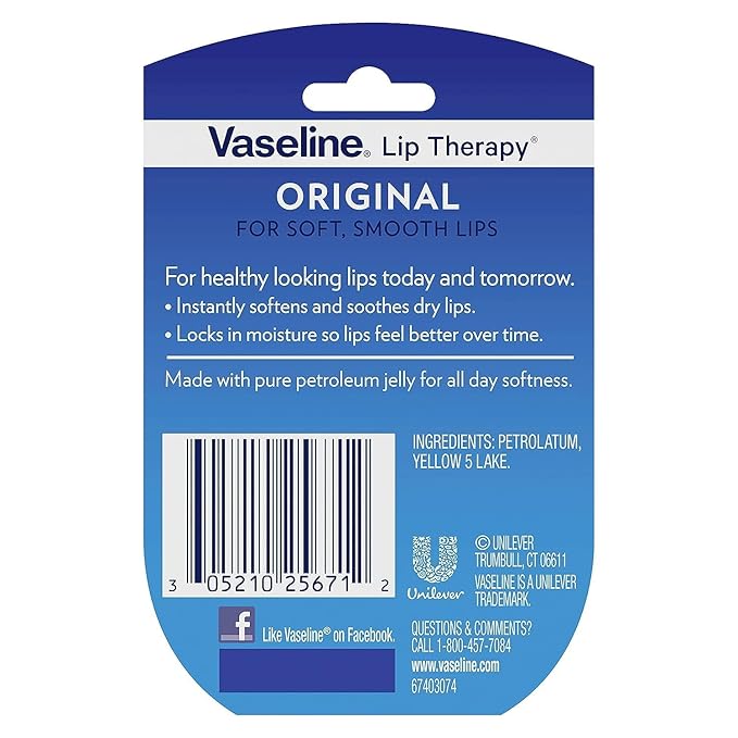 Vaseline Lip Therapy Original – Mini Vaseline Lip Balm, Hydrating Petroleum Jelly, Clear Lip Gloss, Travel-Size, 0.25 Oz Ea (Pack of 4)
