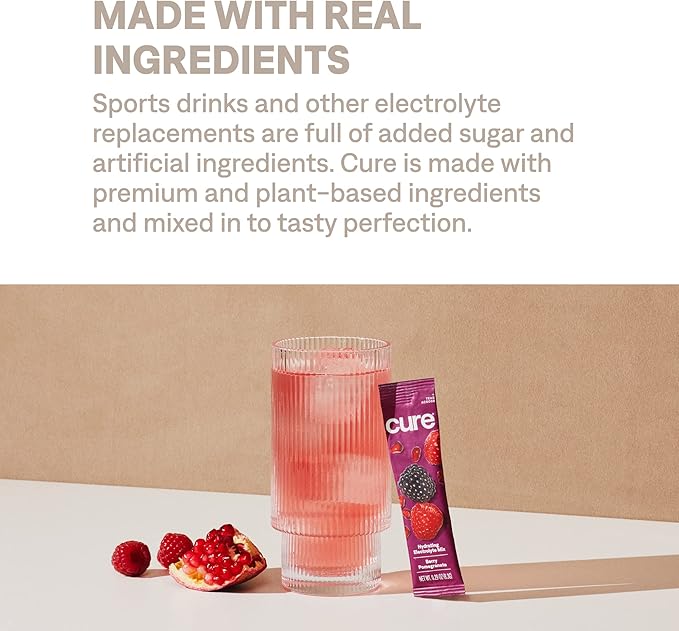Cure Hydration | Plant-Based Electrolyte Drink Mix | No Added Sugar | Dehydration Relief Powder Made with Coconut Water | Non-GMO | Vegan | 28 Servings Jar - Berry Pomegranate