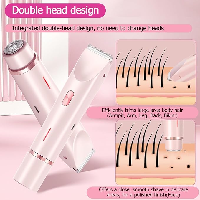 Bikini Trimmer for Women, Waterproof Bikini Shaver with Dual Head Design, Cordless Rechargeable Shaver for Women Private Area, Gentle Wet & Dry Hair Removal for Bikini Line & Underarms