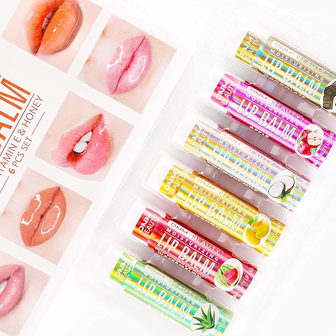 evpct 6Pcs Classic Fruit Flavour Flavored Lip Balm Set for Lip Care Chafed Chapped Cracked Lips,Natural Vitamin E Honey Aloe Vera Watermelon Mango Coconut Milk Apple Chocolate Moisturizing Lip Balm 2