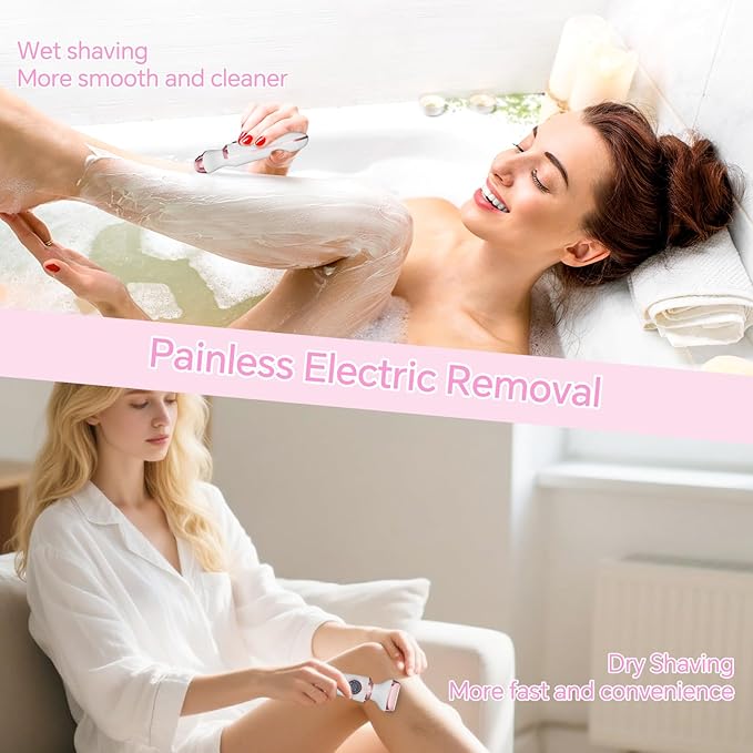 Electric Razor for Women, 4-in-1 Bikini Trimmer & Body Shaver for Face, Legs, Underarms, Pubic Hair, Rechargeable Wet/Dry Painless Hair Removal with LED Light & Travel Lock