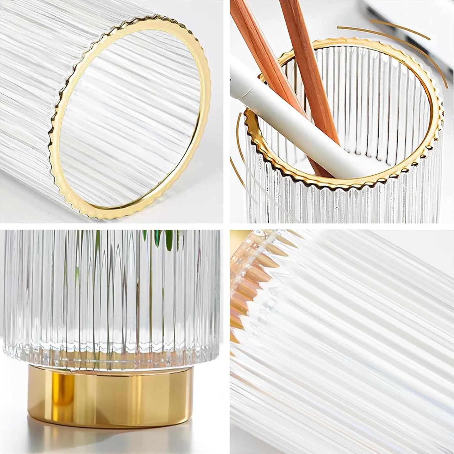 DASITON Makeup Brush holder Organizer,Crystal Cosmetic Makeup Brush Glass Brushes Storage Holder, Vintage Make Up Brush Cup Pen Pencil Holder striped vase(Clear L)