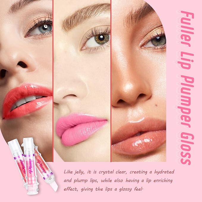 Lip Plumper Gloss 3 Colors Set,Natural Lip Plumping Oil and Lip Care Serum Enhancer for Fuller Booster Balm Moisturizing Hydrating&Reduce Fine Lines Nourishing Non-sticky Lips Mask Makeup