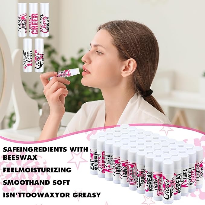 50 Sets Cheer Gifts Bulk 50 Cheer Lip Balm Bulk Moisturizing with 50 Organza Drawstring Gift Bags 50 tags Cheerleader Gifts Cheer Gifts Bulk for Team (Pink)