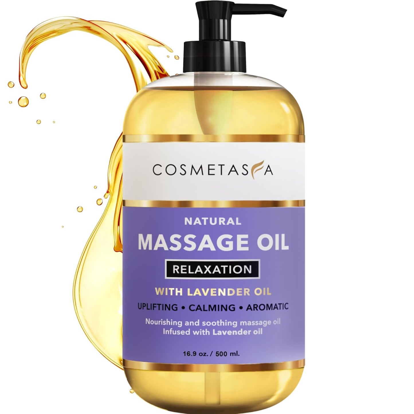 Cosmetasa Lavender Massage Oil for Massage Therapy - All Natural, Cruelty-Free & Spa Quality Skin Therapy Oil, Calming & Soothing Care - Lavender, Geranium & Grapeseed Oil (16.9 oz)