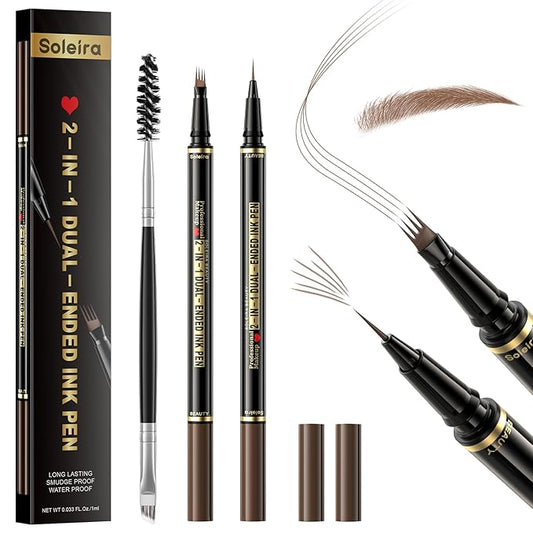 Eyebrow Pen, Soleira Waterproof Eyebrow Pencil with 4 Tip Microblading Eyebrow Pen and Dual-ended Eyebrow Brush, for Natural-Looking Brows, Long-Lasting, Soft Brown