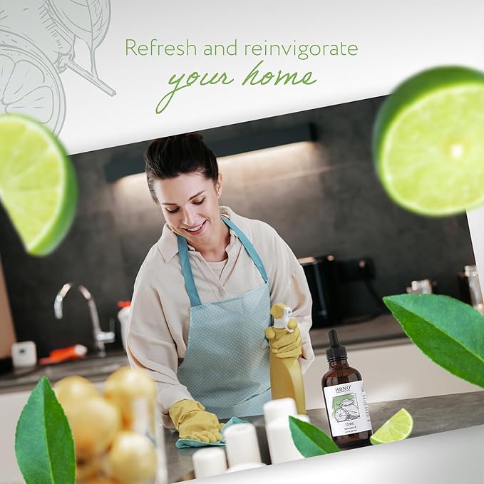 HBNO Lime Essential Oil - Huge 4 oz (120ml) Value Size - Natural Lime Oil, Cold Pressed - Perfect for Cleaning, Aromatherapy, DIY, Soap & Diffuser