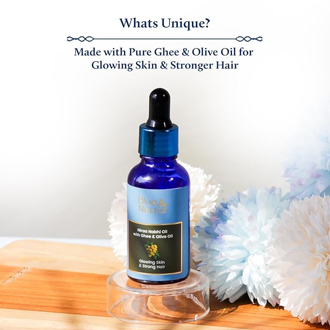 Blue Nectar Ayurveda Navel Oil with Ghee & Olive for Belly Oiling | Natural Belly Button (Nabhi) Oil for Radiant Skin & Deep Hydration (22 Herbs, 1 Fl Oz)