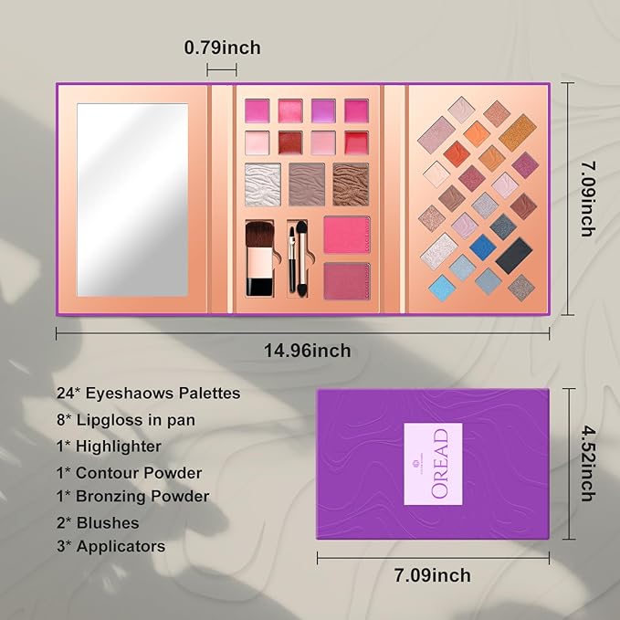 Color Nymph Makeup Kit for Women, All In One Notebook Makeup Palette Set With Mirror for Girls Includes 24 C Eyeshadow Palette,Lipgloss,Face Powder,Blushes (Purple)