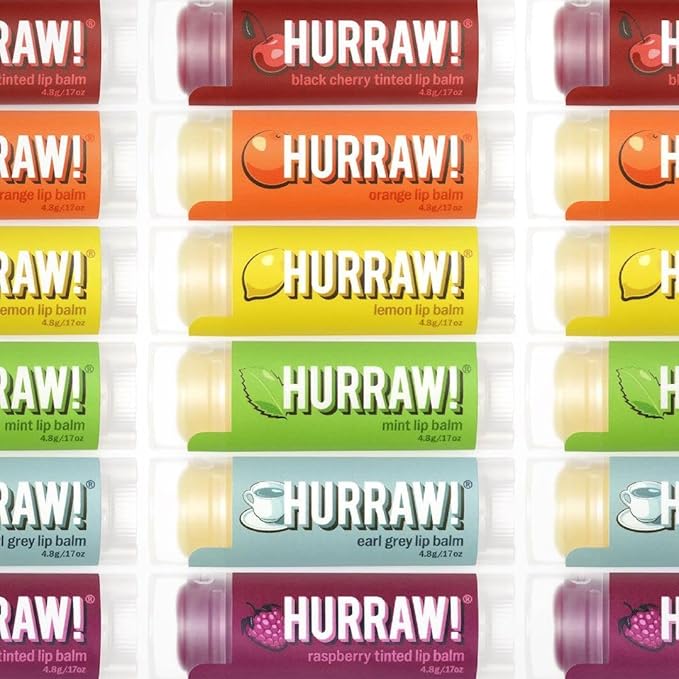 Hurraw! Lip Balms Staff Favorites, 6 Balm Bundle Pack: Black Cherry Tinted (Sheer Red Tint), Orange, Lemon, Mint, Earl Grey, Raspberry Tinted (Sheer Berry Tint). Organic, vegan & raw ingredients.