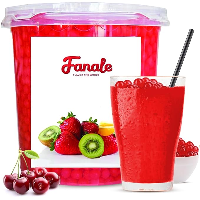 Fanale Cherry Popping Boba Pearls, Vegan, Non GMO, Gluten Free, Fat Free, Perfect for Bubble Tea, Smoothies, Ice Cream, Desserts, and Beverages.