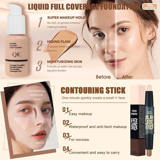 All in One Makeup Kit,Includes Naked Eyeshadow,CC Cream,Liquid Foundation,Lipstick Set,Mascara,Makeup Brush,Makeup Sponge,Eyebrow Pencil,Eyebrow Soap,Eyeliner Stamp, Primer,Contour Stick,Cosmetic Bag