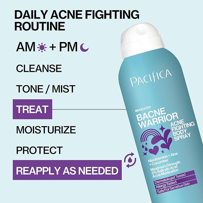 Pacifica Bacne Acne Cleanser Spray - Bacne Warrior - Body Spray for Acne Treatment - w/ 2% Salicylic Acid Niacinamide & Aloe - for Body, Chest & Back Acne for Teens & Adults Vegan Dermatologist Tested