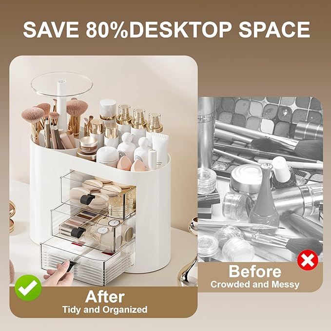 DASITON Makeup Organizer with 3 Drawers,Automatic Lifting Makeup Brush Holder with Lid,Large Capacity Makeup Organizers for Vanity,Bathroom Countertop,Ideal Storage Skin Care,Brushes,Lipstick (White)