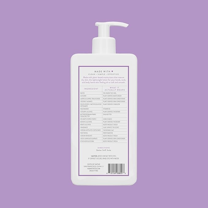 Native Body Lotion Contains Naturally Derived Plant-Based Moisturizers for Women and Men | Restores Dry Skin, Lilac & White Tea, 16.5 fl oz