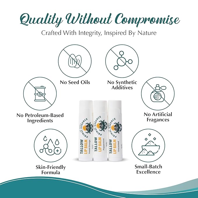 Moisturizing Tallow Lip Balm – Grass-Fed Beef Tallow with Organic Coconut Oil, Beeswax, and Vitamin E – Lip Balm Set – Variety Pack – Travel Essential – 3-Pack