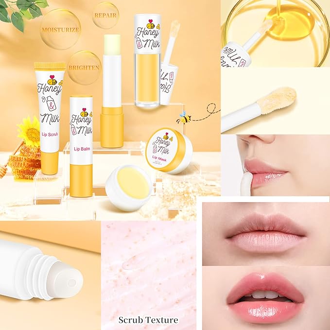 4 Piece Honey Milk Lip Mask Lip Balm Lip Scrub Lip Oil Lip Care Kit, Moisturizing & Nourishing Dry and Cracked Lips, Overnight Sleeping Lip Exfoliator Lip Moisturizer Lip Repair